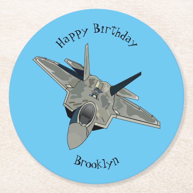 Fighter aircraft cartoon illustration round paper coaster (Front)