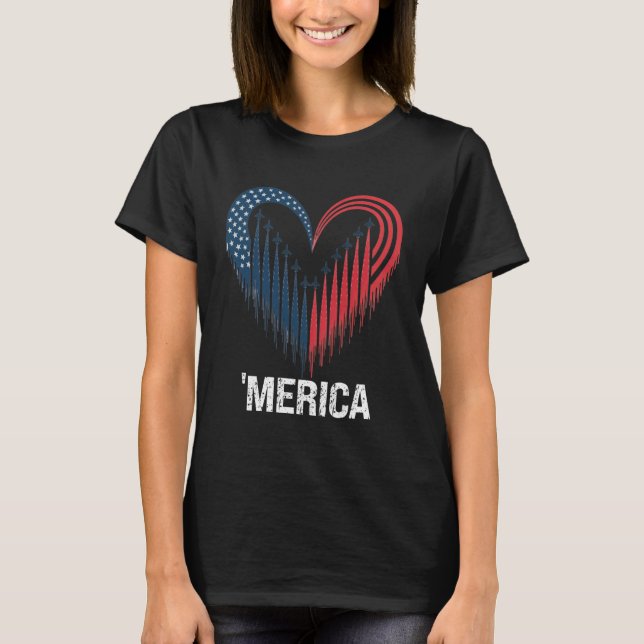 Fighter Jet Airplane American Flag Heart 4th Of Ju T-Shirt (Front)