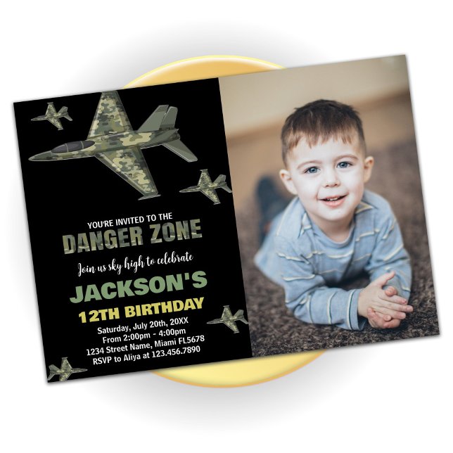 Fighter Jet Birthday Invitations Green Black Photo (Fighter Jet Birthday Invitations Green Black Photo)