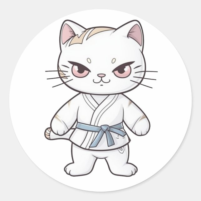 Fighter Kavaii cat dressed up in a karate outfit Classic Round Sticker (Front)