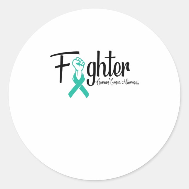 Fighter Ovarian Cancer Awareness Teal Ribbon Classic Round Sticker (Front)