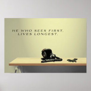 Fighter Pilot Helmet and Gloves on Table Poster