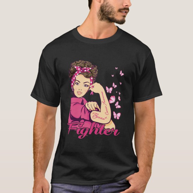 Fighter Rosie Riveter Breast Cancer Awareness T-Shirt (Front)