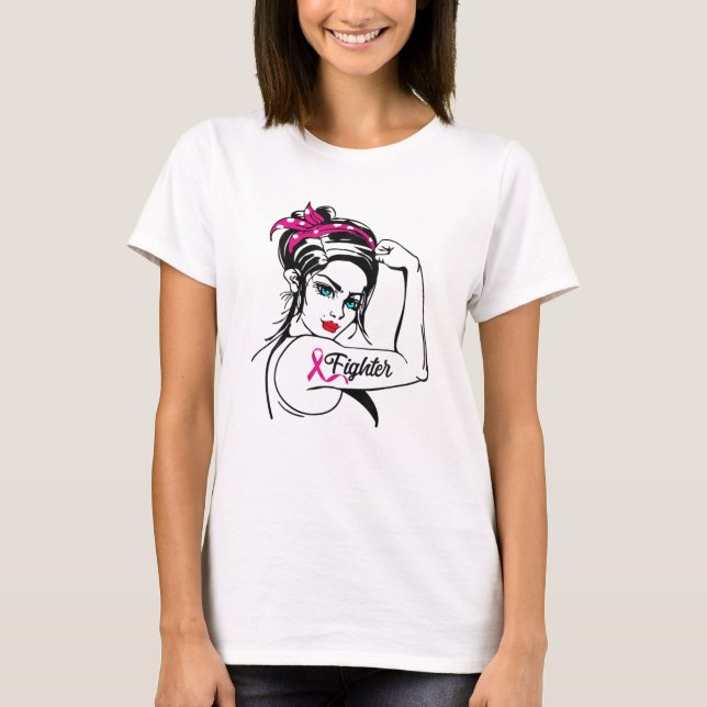 Fighter Rosie The Riveter Breast Cancer Awareness T-Shirt (Front)