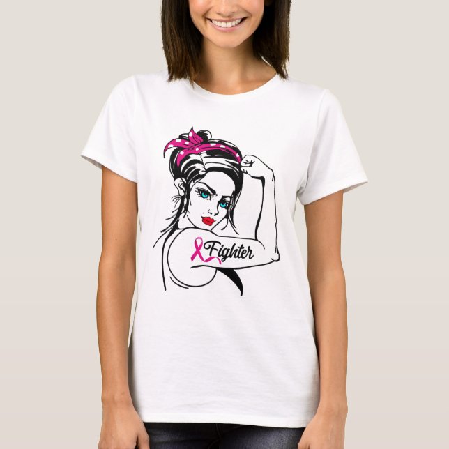 Fighter Rosie The Riveter Breast Cancer Awareness  T-Shirt (Front)