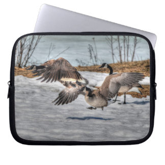Fighting Canada Geese on Snow 2 Wildlife Scene Laptop Sleeve