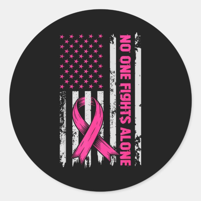 Fights Breast Cancer Alone Us Flag Nk Ribbon  Classic Round Sticker (Front)