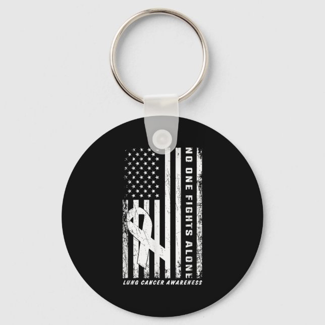 Fights Lung Cancer Alone American Flag White Ribbo Key Ring (Front)