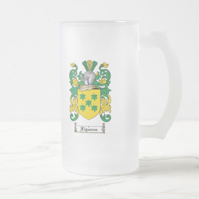 FIGUEROA FAMILY CREST -  FIGUEROA COAT OF ARMS FROSTED GLASS BEER MUG (Right)
