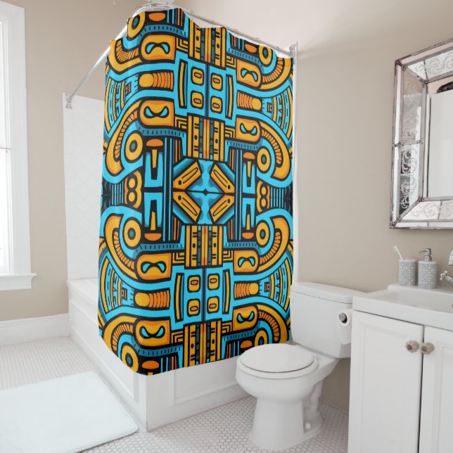 Figurative Abstract Bold Blue Orange Shower Curtain (In Situ)