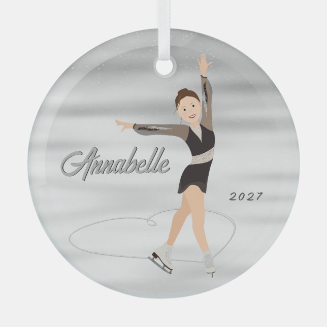 Figure Skater Brown Hair in Black Glass Tree Decoration (Front)