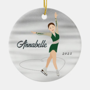 Figure Skater Burnette in Green Ceramic Tree Decoration