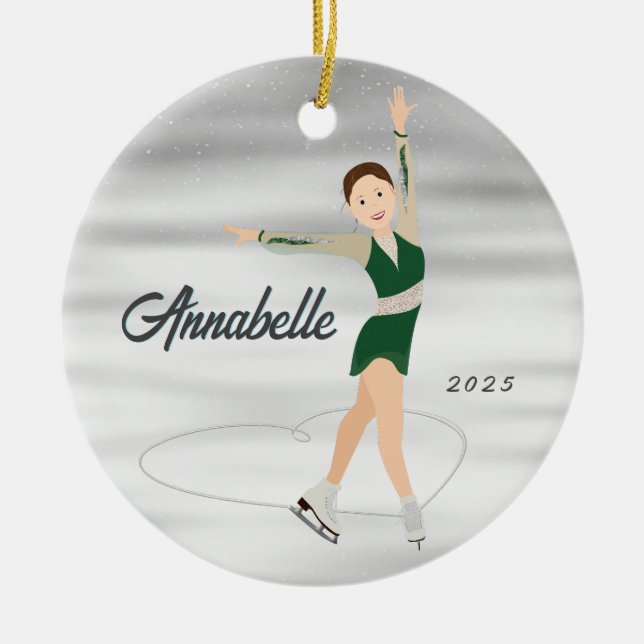 Figure Skater Burnette in Green Ceramic Tree Decoration (Front)