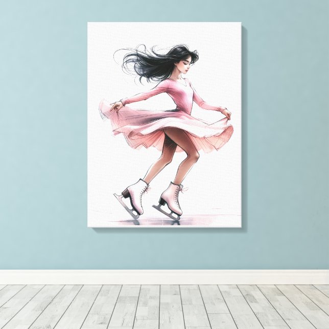Figure Skater Girl With Pink Ice Skates Canvas Print (Insitu(Wood Floor))