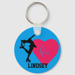 Figure Skater Key Chain Personalised - Heart/Blue