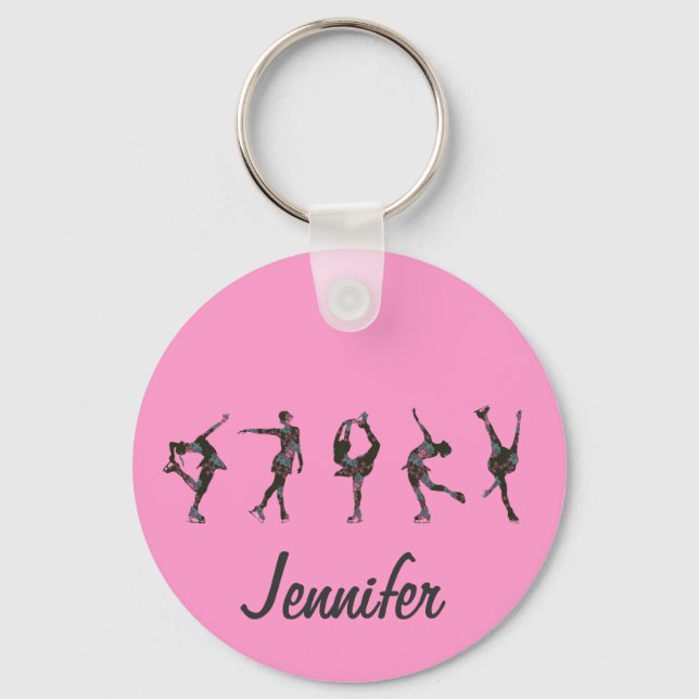 Figure Skaters, Pink, Grey Personalise Key Ring (Front)