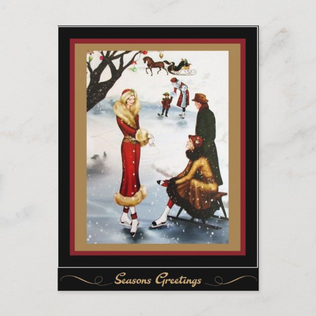 Figure Skating Art Deco Christmas Ladies Holiday Postcard (Front)