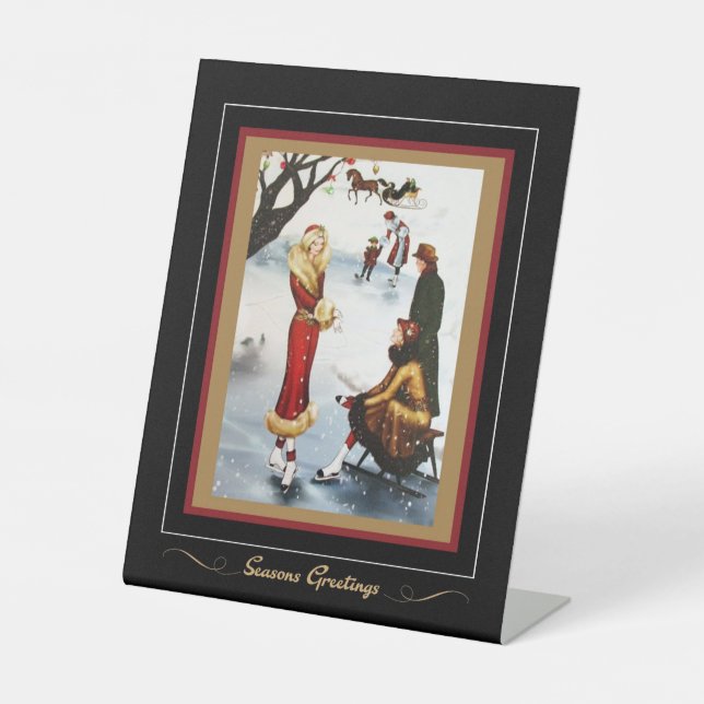 Figure Skating Art Deco Christmas Ladies Pedestal Sign (Front)