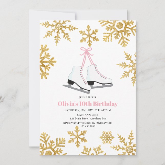 Figure Skating Pink Gold Snowflake Birthday Invitation (Front)