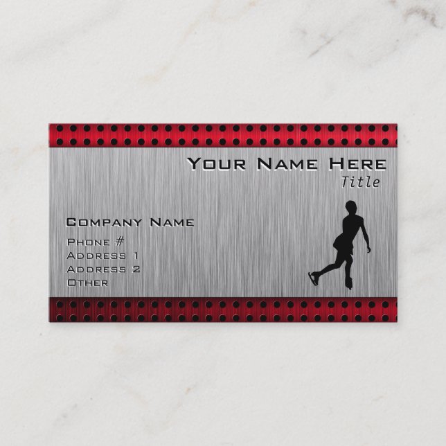 Figure Skating; Red Metal-look Business Card (Front)