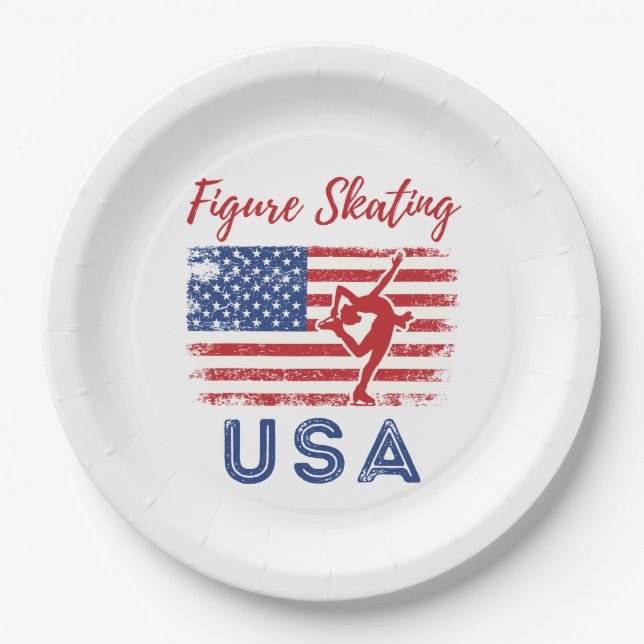 Figure Skating USA American Flag Ice Skater Paper Plate (Front)