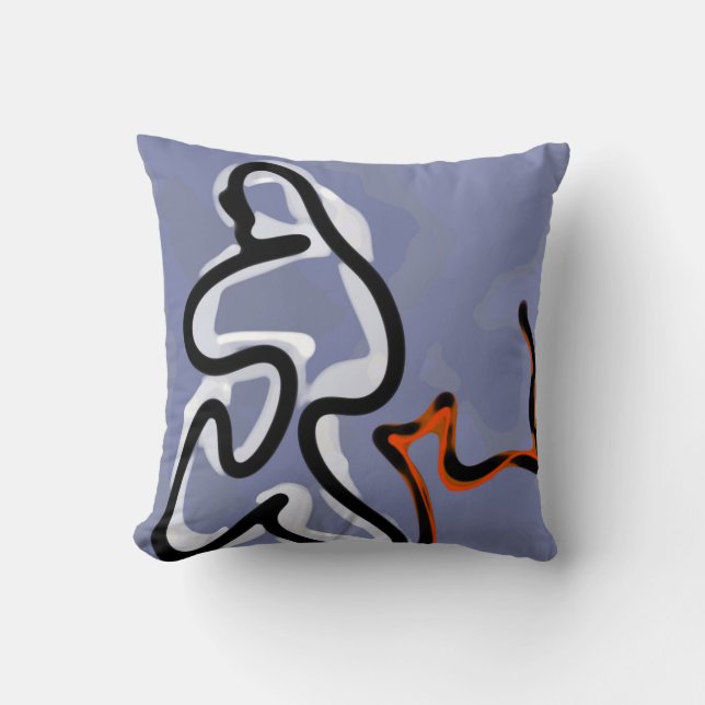 Figure with Feline: Abstract Blue, Orange, B & W Cushion (Front)