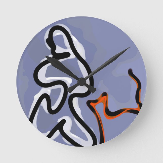 Figure with Feline: Abstract Blue, Orange, B & W Round Clock (Front)