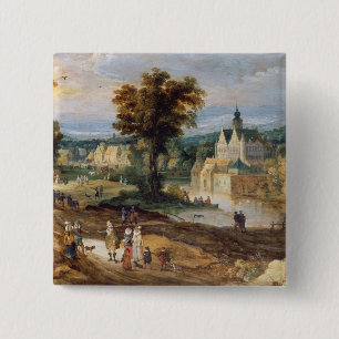Figures in a landscape with village and castle bey 15 cm square badge