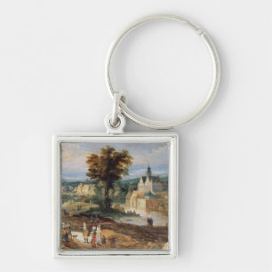 Figures in a landscape with village and castle bey key ring