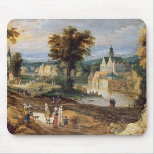 Figures in a landscape with village and castle bey mouse mat
