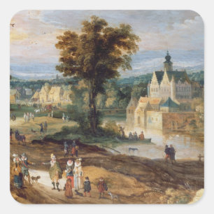 Figures in a landscape with village and castle bey square sticker