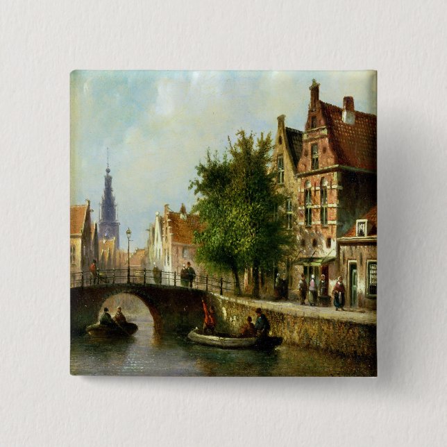 Figures on a Canal, Amsterdam (oil on panel) 15 Cm Square Badge (Front)