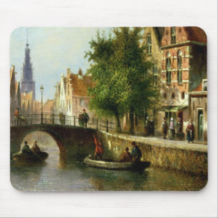 Figures on a Canal, Amsterdam (oil on panel) Mouse Mat