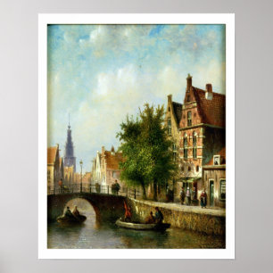 Figures on a Canal, Amsterdam (oil on panel) Poster