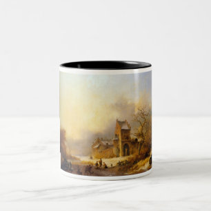 Figures On A Frozen River In A Winter Landscape Two-Tone Coffee Mug