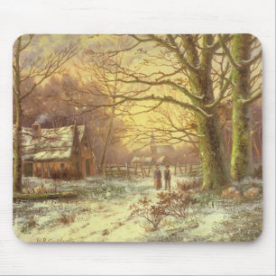Figures on a path before a village in winter mouse mat