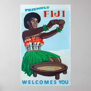 Fiji island, native woman with traditional welcome poster
