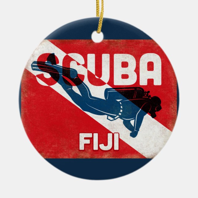 Fiji Scuba Diver - Blue Retro Ceramic Tree Decoration (Front)