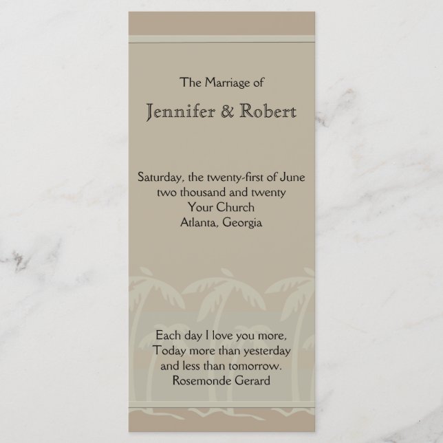 Fiji: Tropical Palm Trees in Taupe Wedding Program Programme (Front)