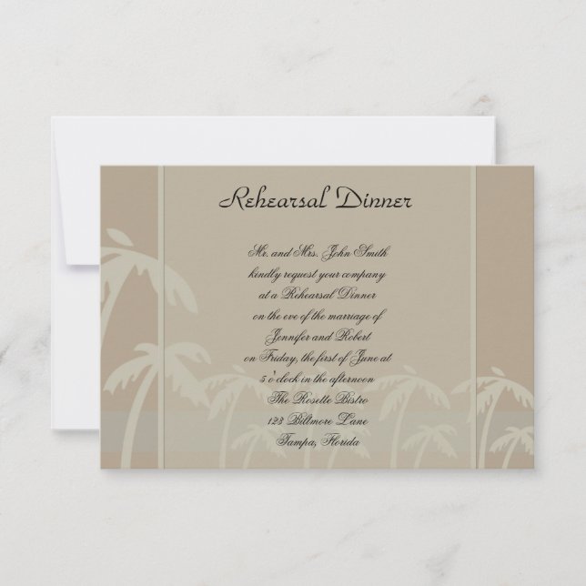 Fiji: Tropical Palm Trees Taupe Wedding Rehearsal Invitation (Front)