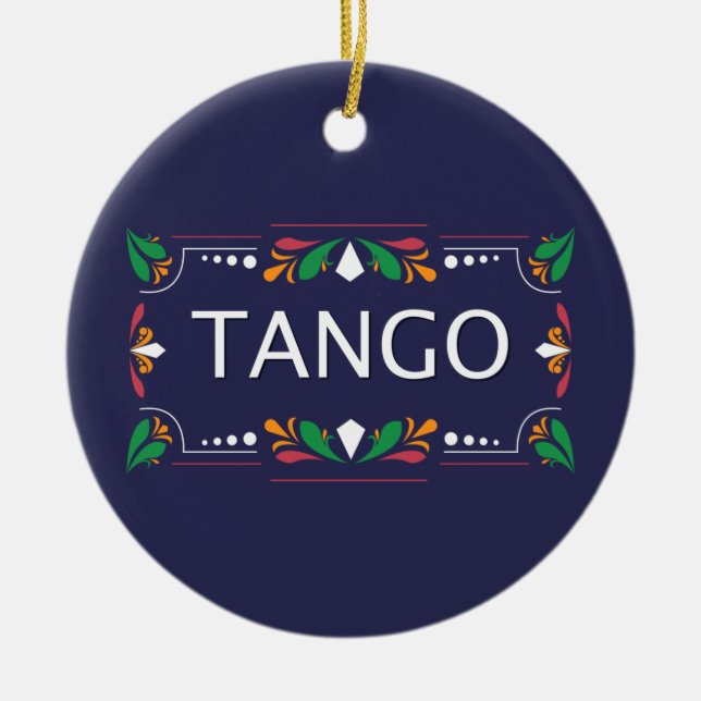 Fileteado Argentine Tango Floral on Blue Ceramic Tree Decoration (Front)