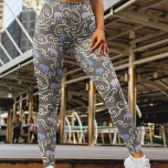 Filigree and Elephants Leggings<br><div class="desc">Grey and blue elephants amongst yellow filigree flourishes against a coffee brown background.</div>