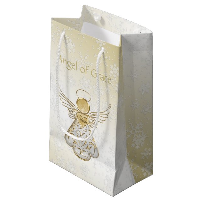 Filigree Angel of Grace Gold Ombre Snowflakes Small Gift Bag (Front Angled)