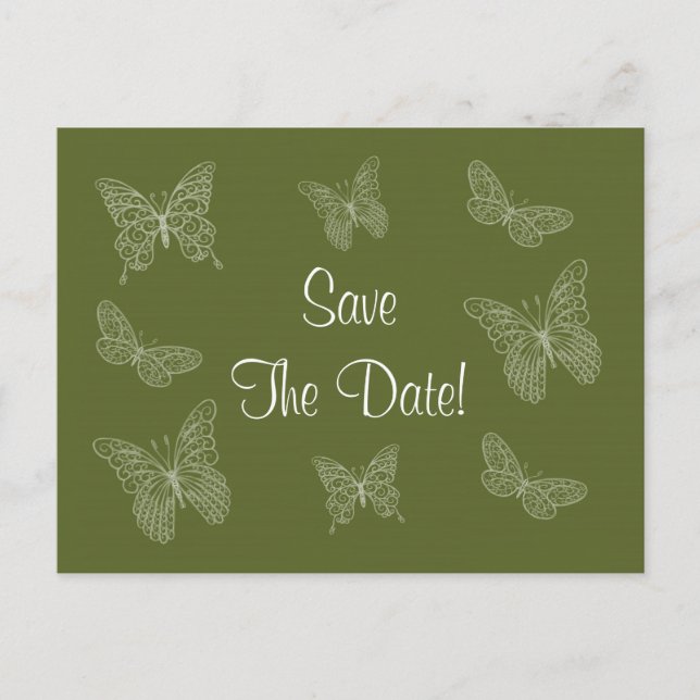 Filigree Butterfly Save the Date Postcard in Olive (Front)