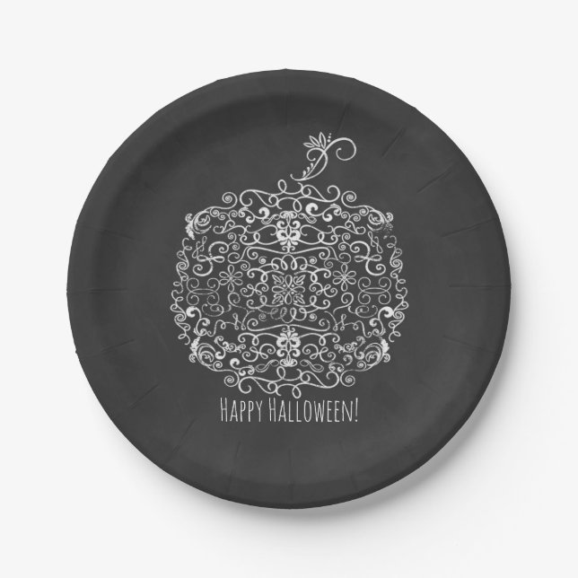 Filigree Chalkboard Fall Pumpkin Autumn Fall Party Paper Plate (Front)