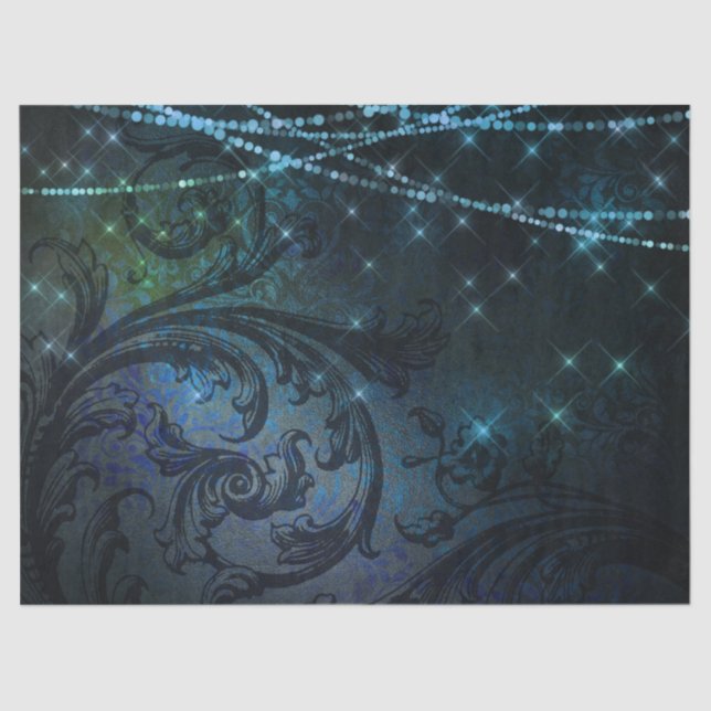 Filigree Flowers and Lights on Dark Decoupage Tissue Paper (Front)