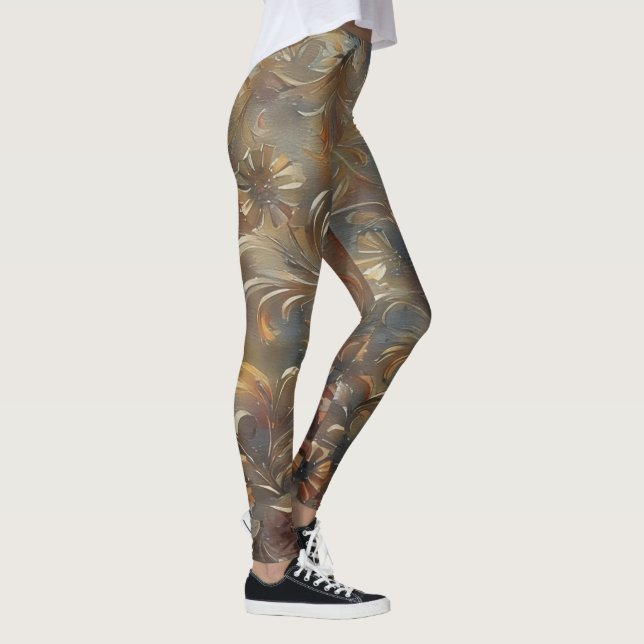 Filigree Flowers Floral Bronze Grey Leggings (Right)
