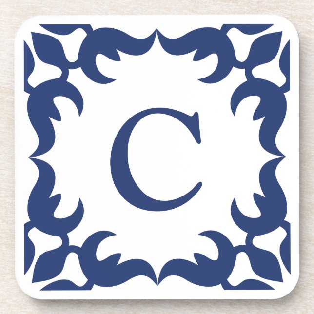 Filigree Framed Monogram in Navy Blue Coaster (Front)