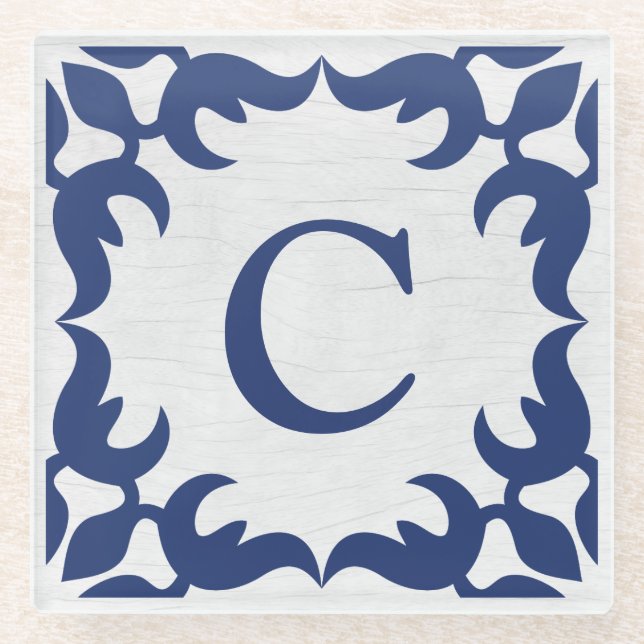 Filigree Framed Monogram in Navy Blue Glass Coaster (Front)