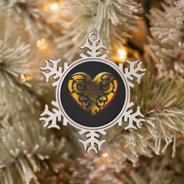 Filigree Goth Gold Heart Snowflake Pewter Christmas Ornament (Tree)